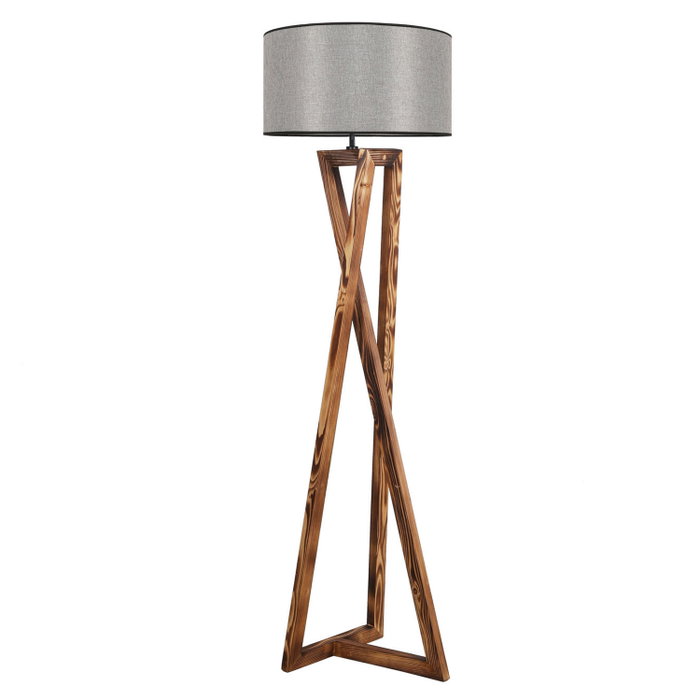 Opviq Lámpara de Pie de Madera con Pantalla de Tela Gris y Marrón